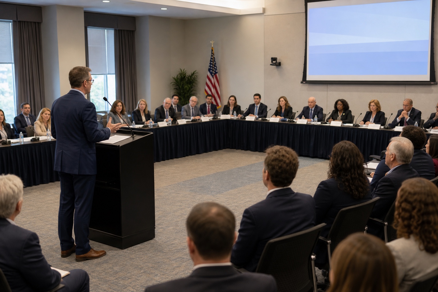 A peptide-access supporter speaking from a black lectern to the FDA advisory panel during a public hearing